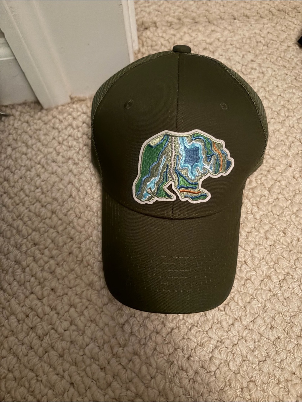 Olive Green Trucker Hat with Multicolor Bear Patch